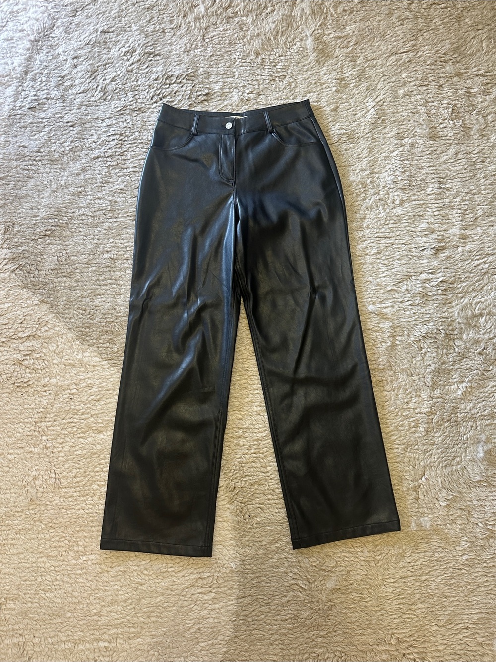 High-Rise Black Faux Leather Wide-Leg Jeans - Women's